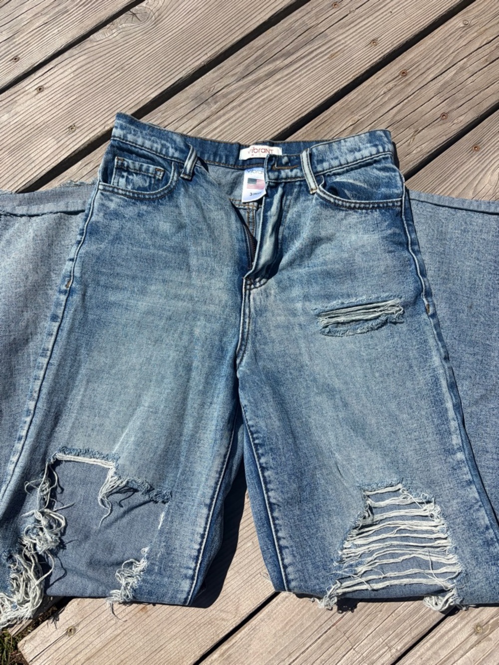 Vibrant Faded Blue Distressed Flare Jeans